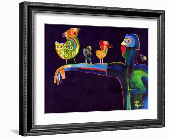 Man Speaking with Birds-Susse Volander-Framed Art Print