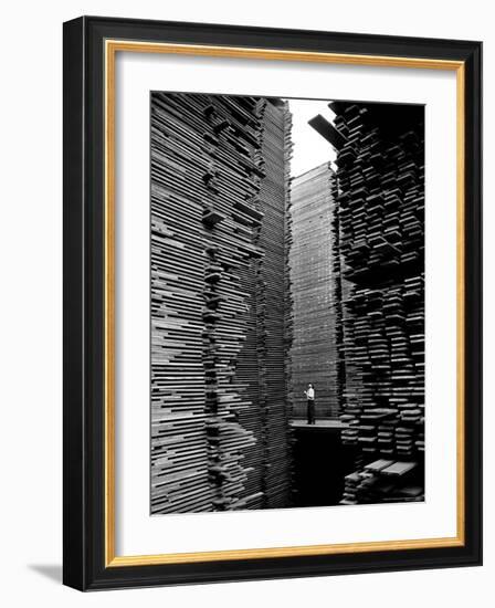 Man Standing in the Lumberyard of Seattle Cedar Lumber Manufacturing-Alfred Eisenstaedt-Framed Premium Photographic Print