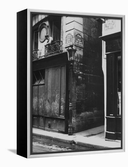 Man Standing on a Balcony over a Lamp Post on the Rue de La Huchette-David Scherman-Framed Premier Image Canvas