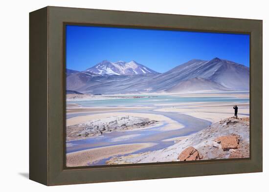 Man Standing on Rocks Looking over Miscanti Laguna, Turquoise Mineral Lake, San Pedro De Atacama-Kimberly Walker-Framed Premier Image Canvas