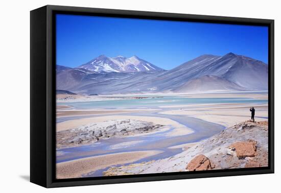 Man Standing on Rocks Looking over Miscanti Laguna, Turquoise Mineral Lake, San Pedro De Atacama-Kimberly Walker-Framed Premier Image Canvas