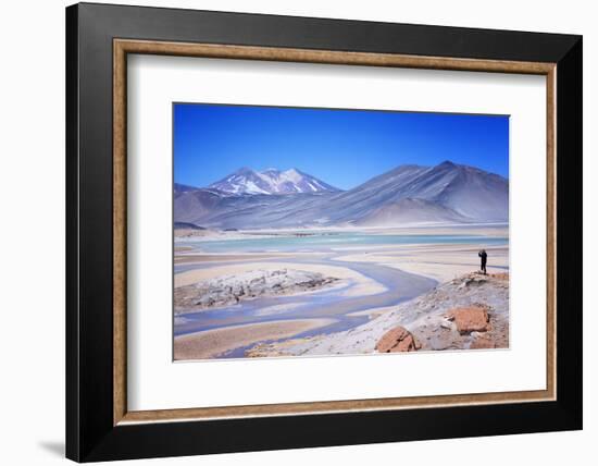 Man Standing on Rocks Looking over Miscanti Laguna, Turquoise Mineral Lake, San Pedro De Atacama-Kimberly Walker-Framed Photographic Print