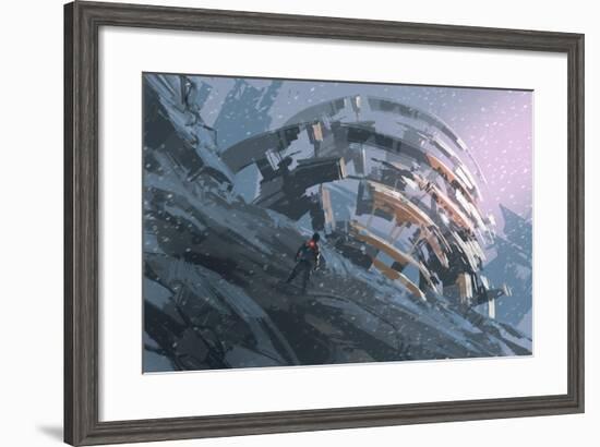 Man Standing on the Hill Watching the Abstract Architecture,Illustration Painting-Tithi Luadthong-Framed Art Print