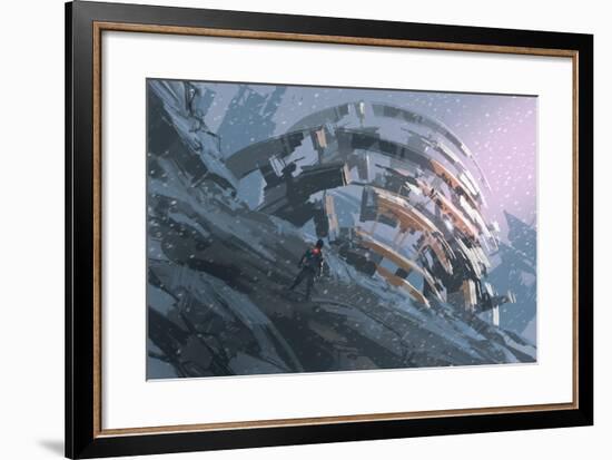 Man Standing on the Hill Watching the Abstract Architecture,Illustration Painting-Tithi Luadthong-Framed Art Print