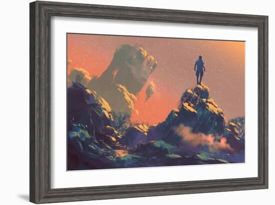 Man Standing on Top of the Hill Watching the Stars,Illustration Painting-Tithi Luadthong-Framed Art Print