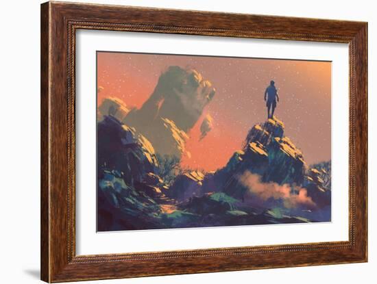 Man Standing on Top of the Hill Watching the Stars,Illustration Painting-Tithi Luadthong-Framed Art Print