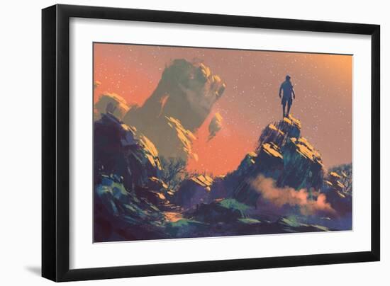 Man Standing on Top of the Hill Watching the Stars,Illustration Painting-Tithi Luadthong-Framed Art Print