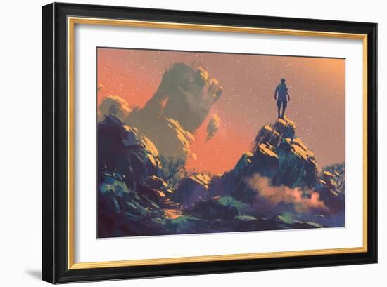 Man Standing on Top of the Hill Watching the Stars,Illustration Painting-Tithi Luadthong-Framed Art Print