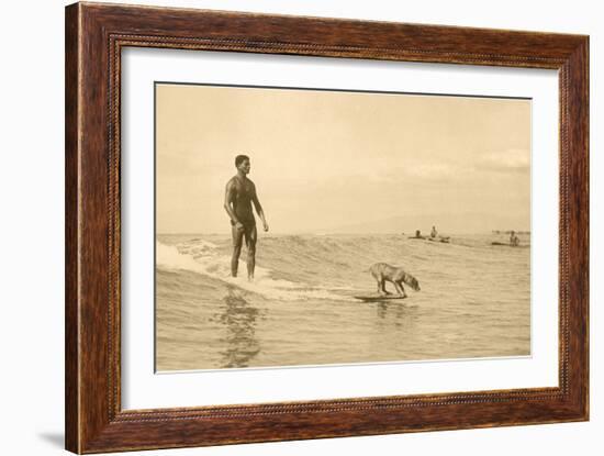 Man Surfing with Dog-null-Framed Art Print