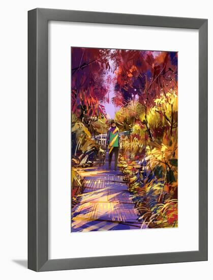 Man Taking Dog on Walk in Autumn,Digital Painting,Illustration-Tithi Luadthong-Framed Art Print