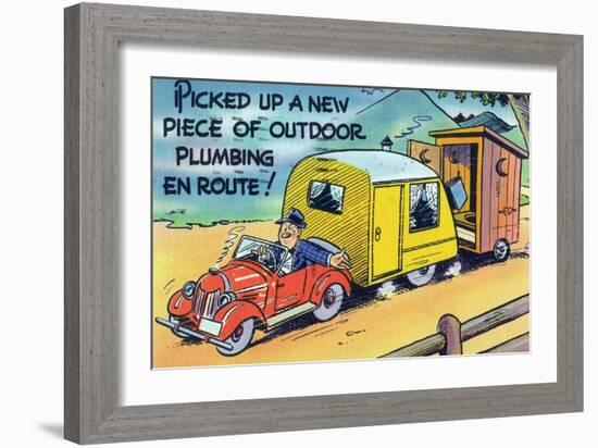 Man Towing a Trailer and an Outhouse, Outdoor Plumbing-Lantern Press-Framed Art Print