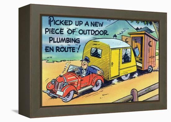 Man Towing a Trailer and an Outhouse, Outdoor Plumbing-Lantern Press-Framed Stretched Canvas