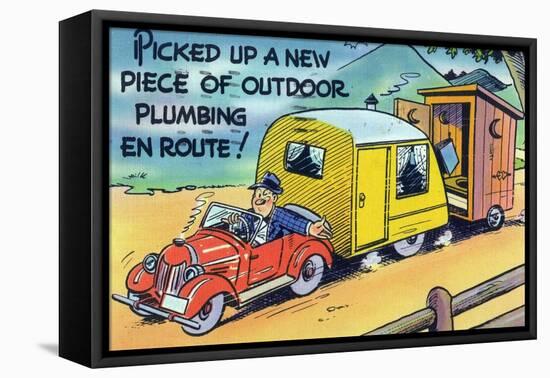 Man Towing a Trailer and an Outhouse, Outdoor Plumbing-Lantern Press-Framed Stretched Canvas