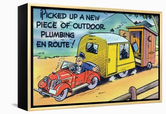 Man Towing a Trailer and an Outhouse, Outdoor Plumbing-Lantern Press-Framed Stretched Canvas