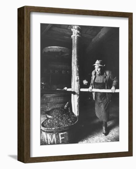 Man Using Old Wine Press at Vaux En Beauiplais Vineyard-Carlo Bavagnoli-Framed Photographic Print