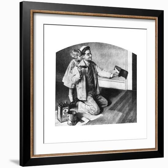 Man Varnishing Doll’s Bed for Little Girl-Norman Rockwell-Framed Giclee Print