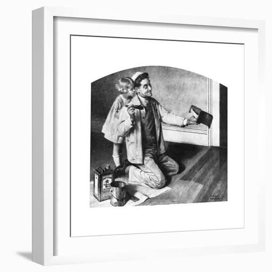 Man Varnishing Doll’s Bed for Little Girl-Norman Rockwell-Framed Giclee Print