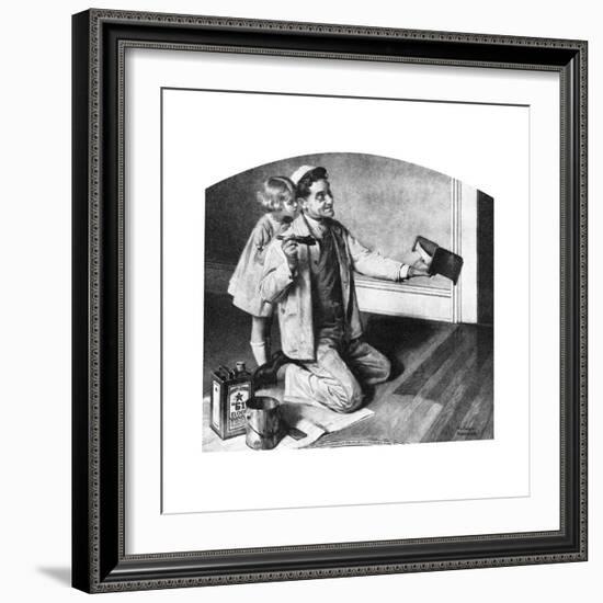 Man Varnishing Doll’s Bed for Little Girl-Norman Rockwell-Framed Giclee Print