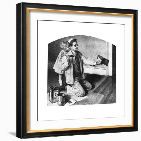 Man Varnishing Doll’s Bed for Little Girl-Norman Rockwell-Framed Giclee Print