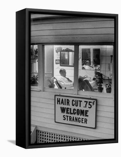 Man Waiting in a Barber Shop For a Haircut-Francis Miller-Framed Premier Image Canvas