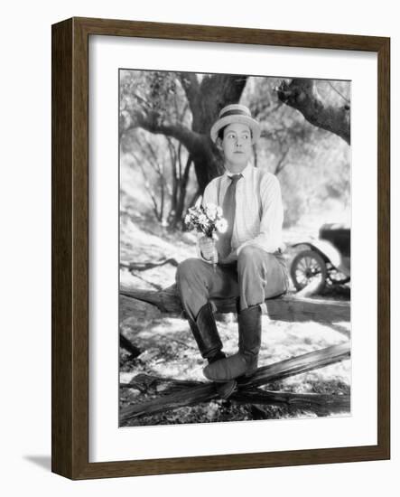 Man Waiting with Bouquet of Flowers-null-Framed Photo