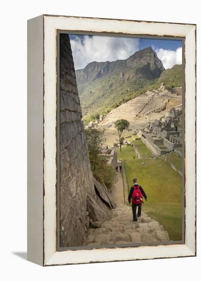 Man Walking Down Stone Steps of Machu Picchu, Peru-Merrill Images-Framed Premier Image Canvas