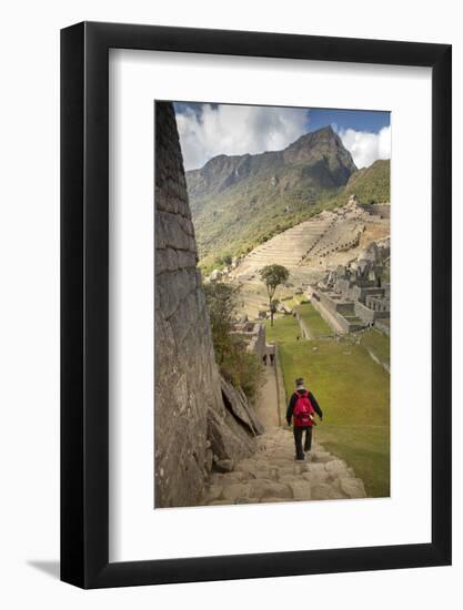 Man Walking Down Stone Steps of Machu Picchu, Peru-Merrill Images-Framed Photographic Print