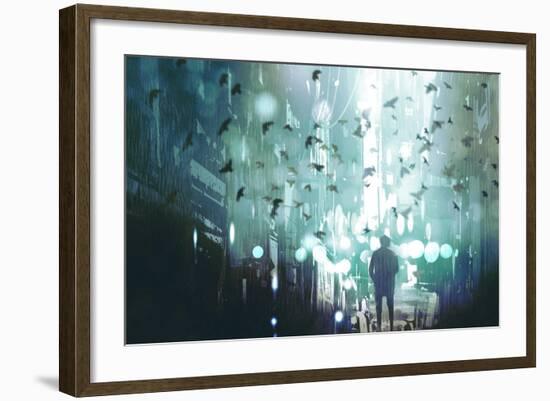 Man Walking in Abandoned City Alley with Flock of Birds,Illustration Painting-Tithi Luadthong-Framed Art Print