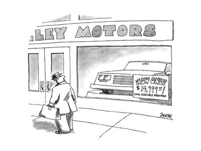 Man walks by car dealership, a sign in the window reads, 'NOW ONLY $14,999… - New Yorker Cartoon' Premium Giclee Print - Jack Ziegler Man walks by car dealership, a sign in the window reads, 'NOW ONLY $14,999… - New Yorker Cartoon' Premium Giclee Print - Jack Ziegler