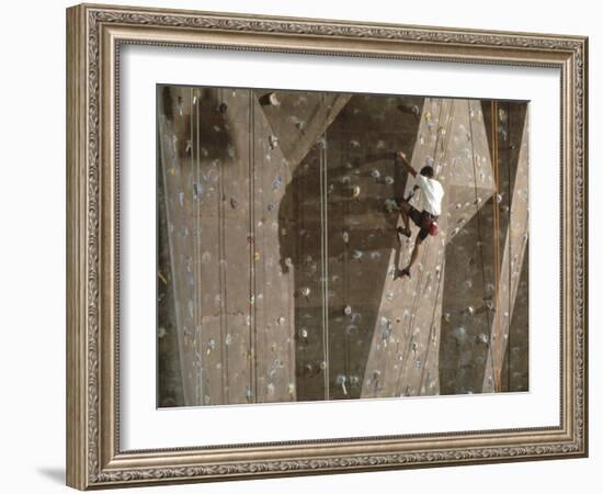 Man Wall Climbing Indoors with Equipment-null-Framed Photographic Print