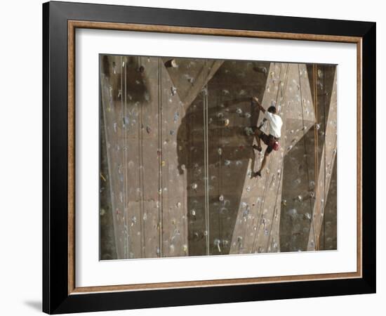 Man Wall Climbing Indoors with Equipment-null-Framed Photographic Print