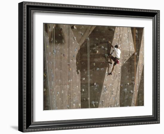 Man Wall Climbing Indoors with Equipment-null-Framed Photographic Print