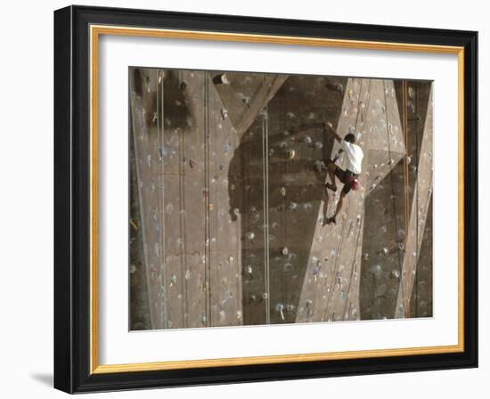 Man Wall Climbing Indoors with Equipment-null-Framed Photographic Print