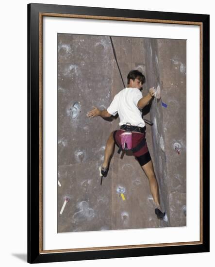 Man Wall Climbing Indoors with Equipment-null-Framed Photographic Print