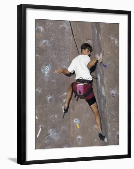 Man Wall Climbing Indoors with Equipment-null-Framed Photographic Print