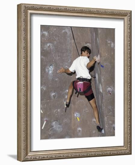 Man Wall Climbing Indoors with Equipment-null-Framed Photographic Print