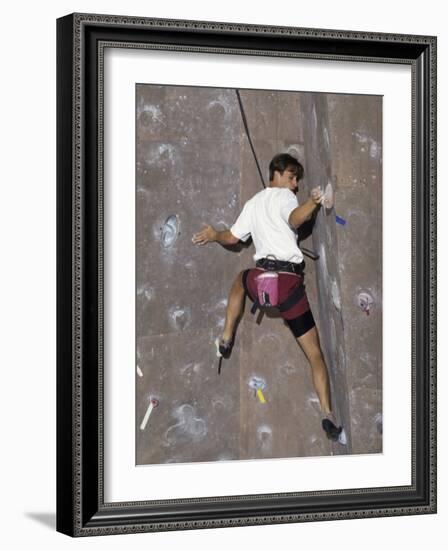 Man Wall Climbing Indoors with Equipment-null-Framed Photographic Print