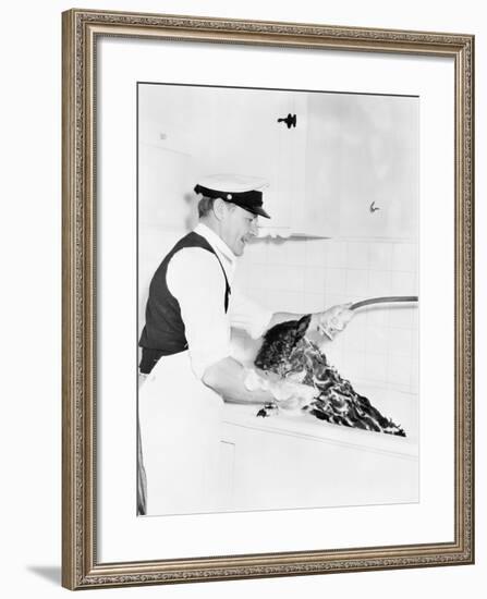 Man Washing His Dog in a Tub-null-Framed Photo