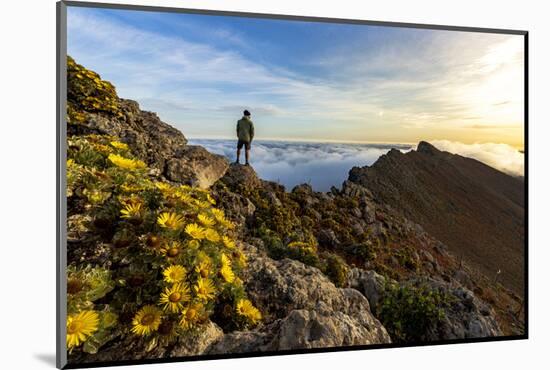 Man watching the mist at sunrise standing on rocks on Pico de la Zarza mountain peak, Fuerteventura-Roberto Moiola-Mounted Photographic Print