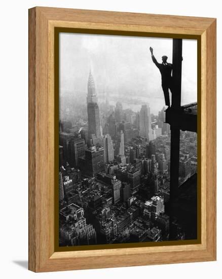 Man Waving from Empire State Building Construction Site-null-Framed Premier Image Canvas