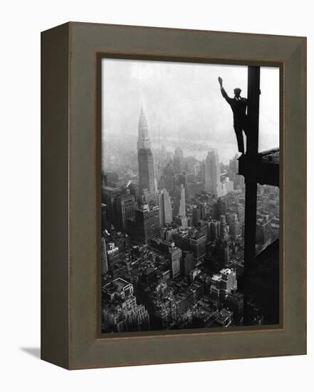 Man Waving from Empire State Building Construction Site-null-Framed Premier Image Canvas