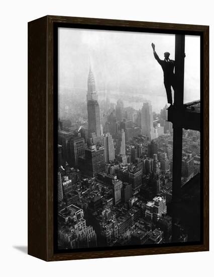 Man Waving from Empire State Building Construction Site-null-Framed Premier Image Canvas