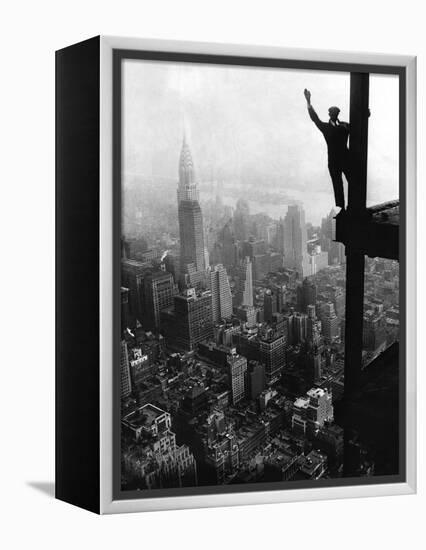 Man Waving from Empire State Building Construction Site-null-Framed Premier Image Canvas