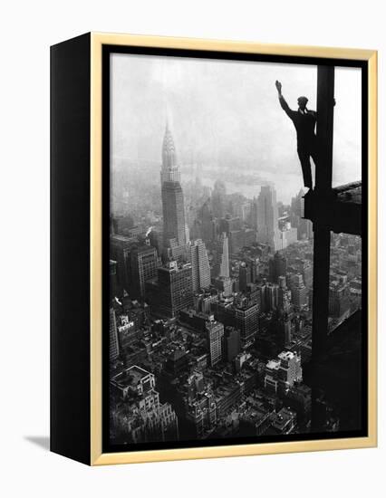 Man Waving from Empire State Building Construction Site-null-Framed Premier Image Canvas