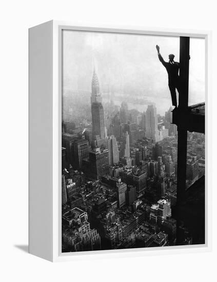 Man Waving from Empire State Building Construction Site-null-Framed Premier Image Canvas