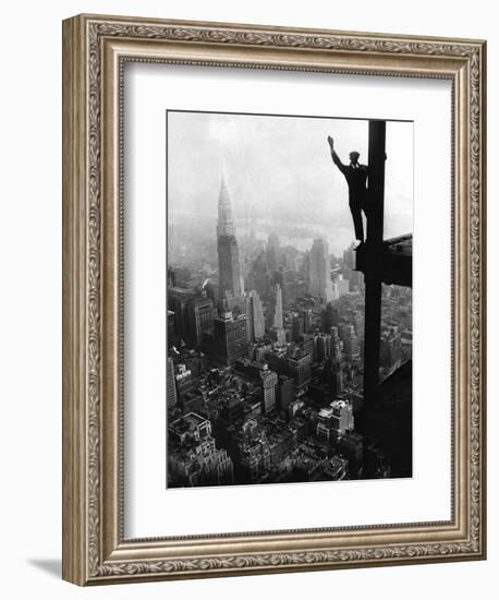 Man Waving from Empire State Building Construction Site-null-Framed Photographic Print