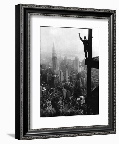 Man Waving from Empire State Building Construction Site-null-Framed Photographic Print