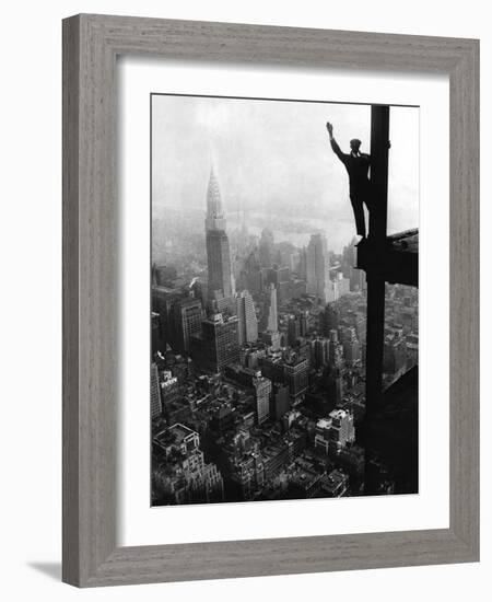 Man Waving from Empire State Building Construction Site-null-Framed Photographic Print