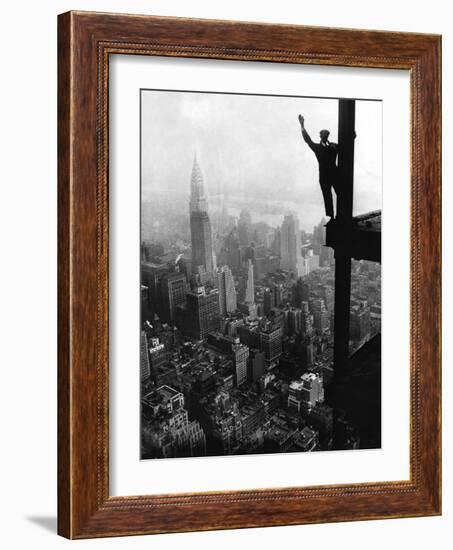 Man Waving from Empire State Building Construction Site-null-Framed Photographic Print