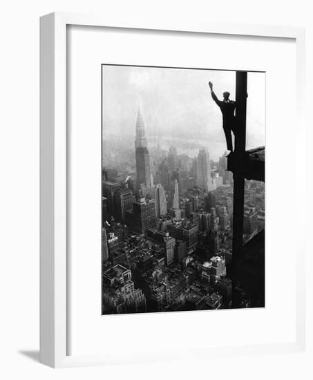 Man Waving from Empire State Building Construction Site-null-Framed Photographic Print